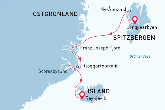 Spitzbergen, Grönland & Island map route