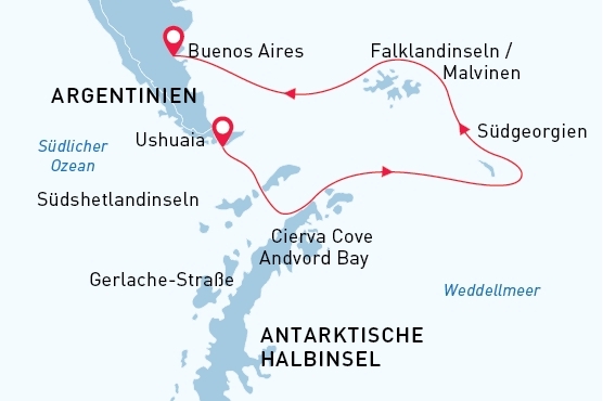 Falklandinseln, Südgeorgien & Antarktis map route